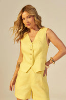 Conjunto Aura Dourada em Linho – Colete Alfaiatado e Short Feminino Louvia