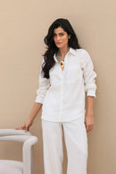 Conjunto Resort Linho Branco – Camisa e Calça Feminina em Linho Premium + Brinde