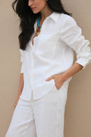 Conjunto Resort Linho Branco – Camisa e Calça Feminina em Linho Premium + Brinde